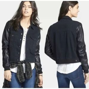 Free People Black Denim Jacket Faux Leather Sz M flaws peeling on one sleeve